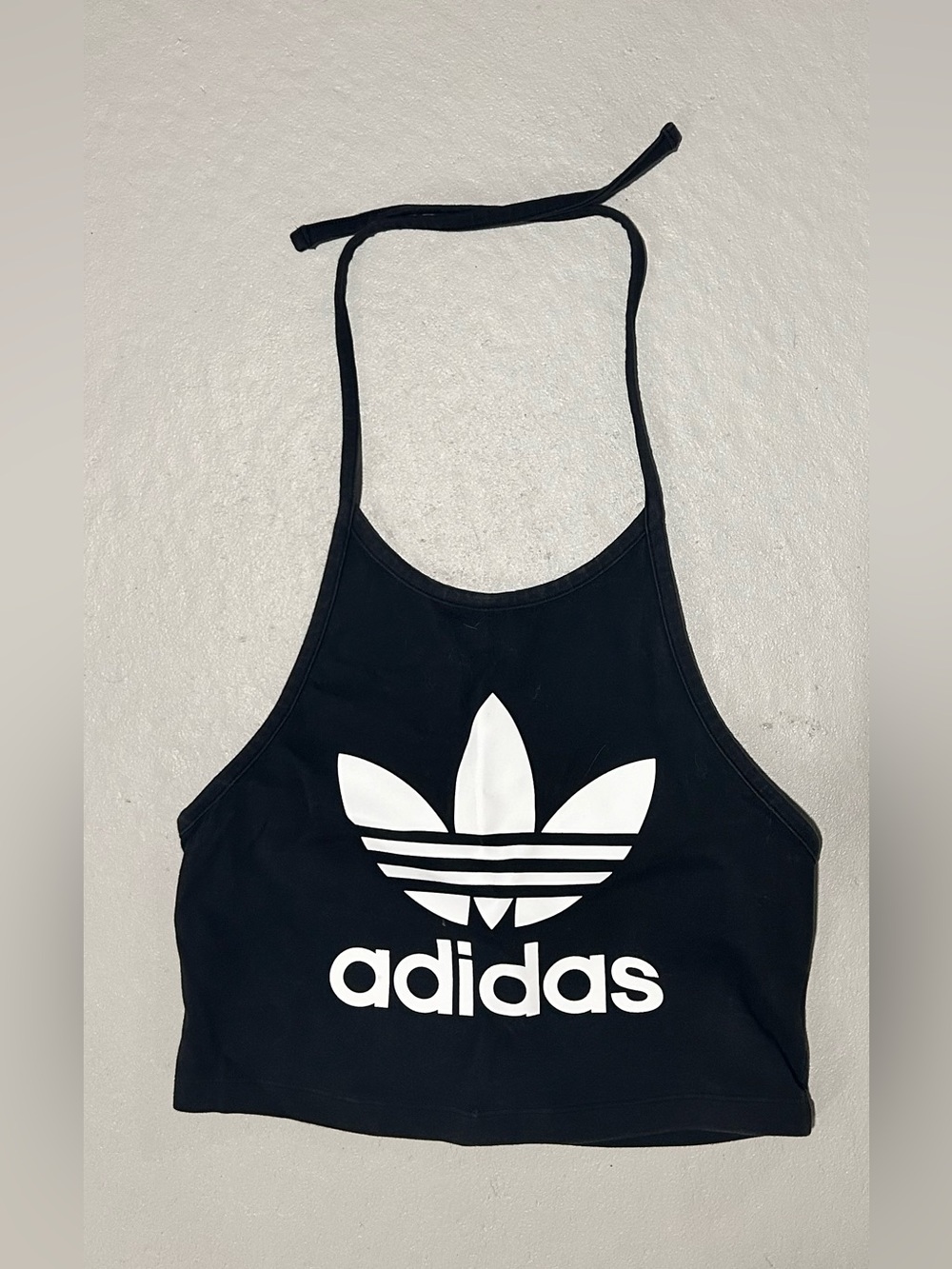 adidas Black Crop Halter Top with White Trefoil